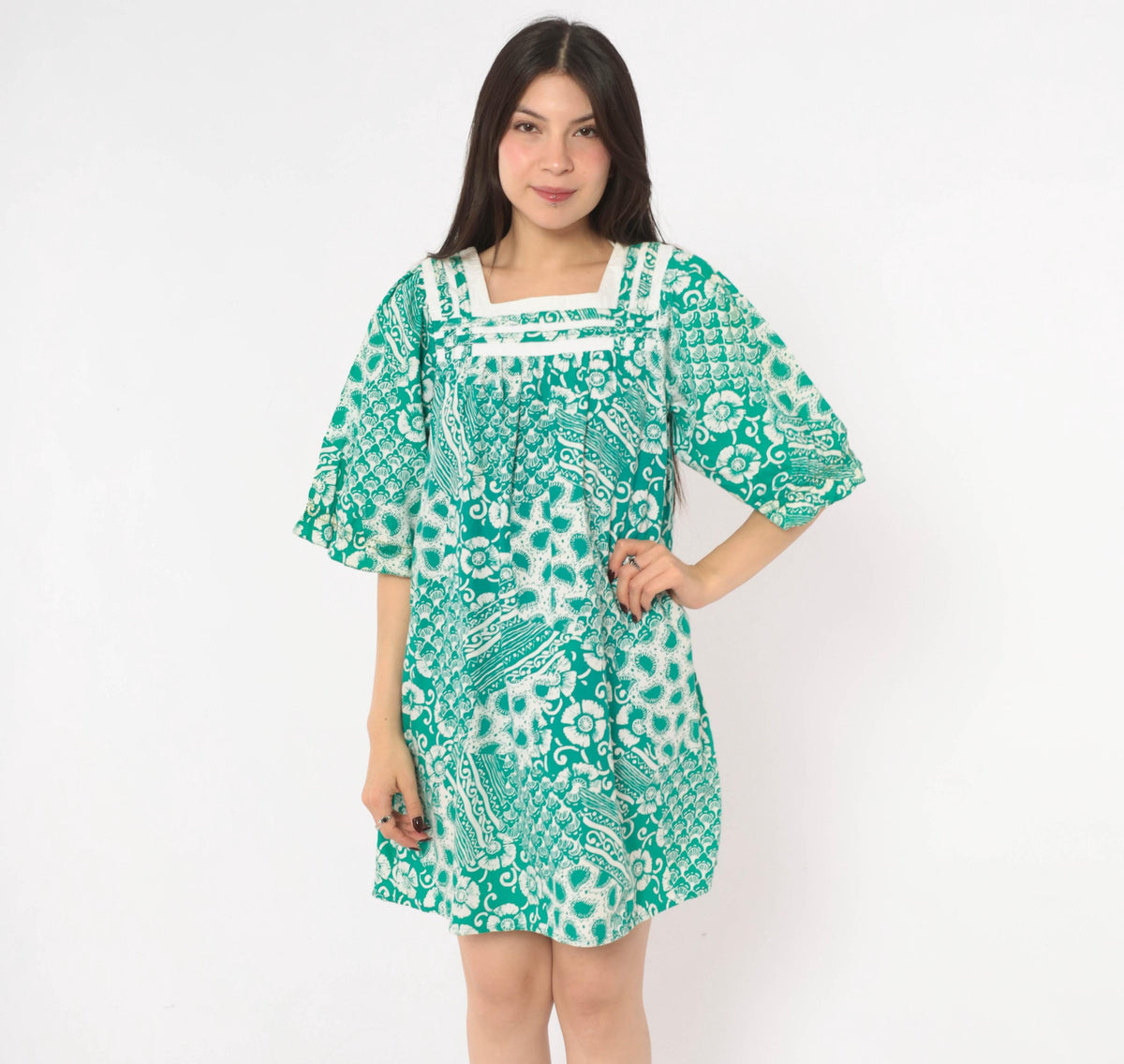 90s Expressions Teal Batik Floral Cotton Dress Square Neck Puff Sleeve Medium M