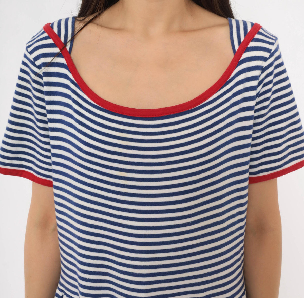 90s Talbots Striped Cotton Maxi Dress Cobalt Blue White Red Trim Large L