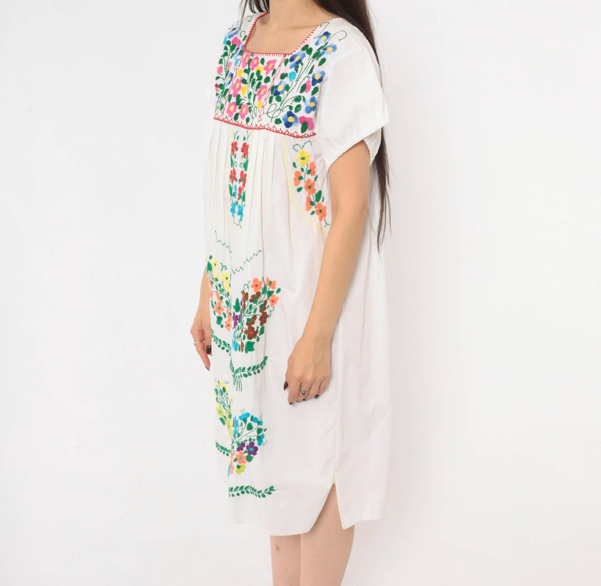 90s Mexican Embroidered Cotton Dress White Floral Puff Sleeve Square Neck Small