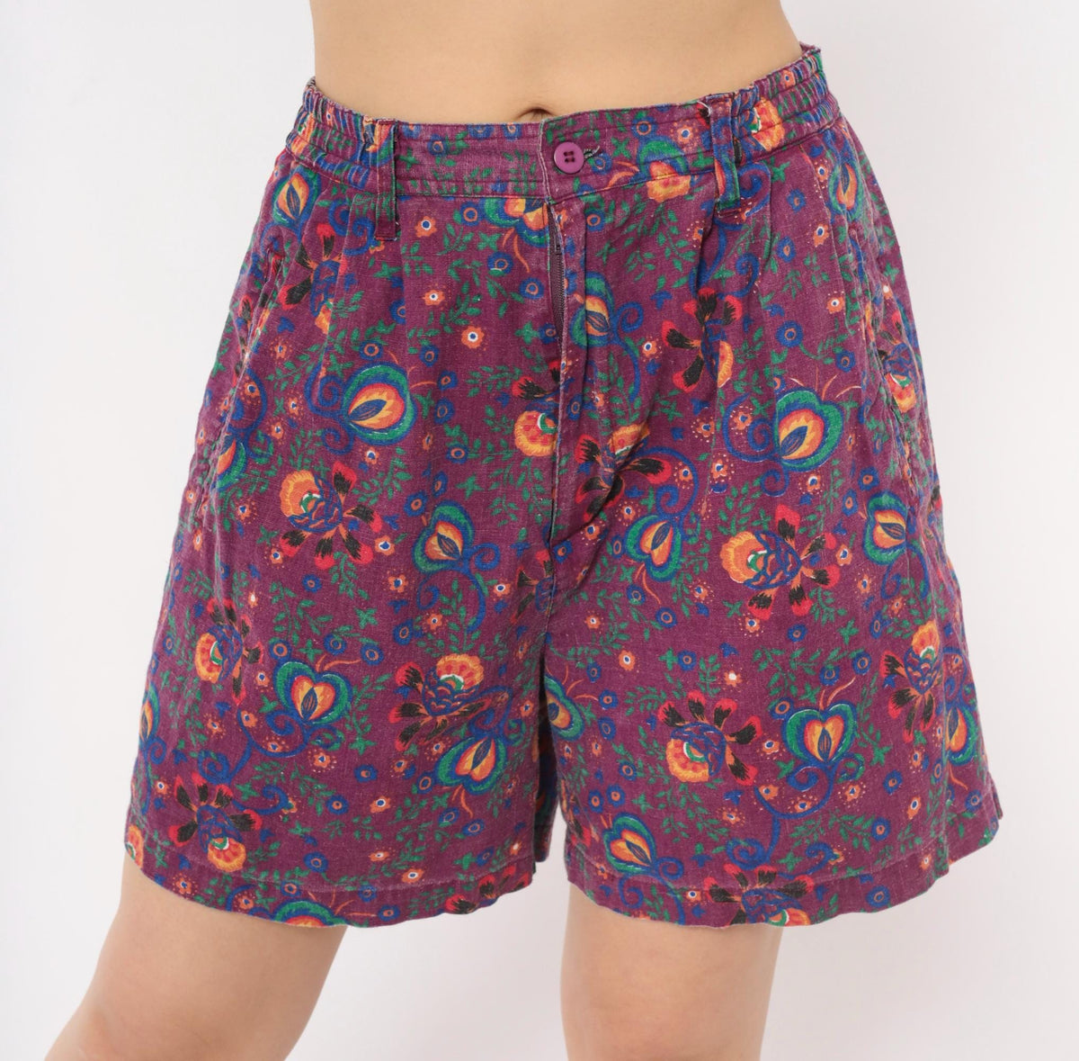 90s Gitano Purple Floral Linen Shorts High Waist Pleated Wide Leg Small
