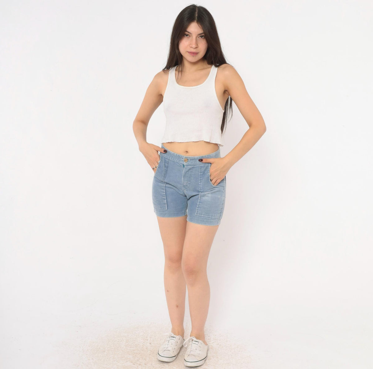 80s Towncraft Light Blue Corduroy Shorts High Waisted Cuffed Cotton Extra Small XS