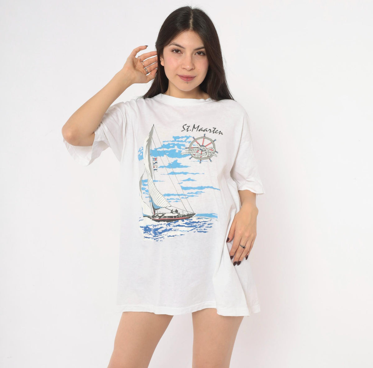 90s Trade Winds St. Maarten Sailboat Graphic Tee White Cotton Large
