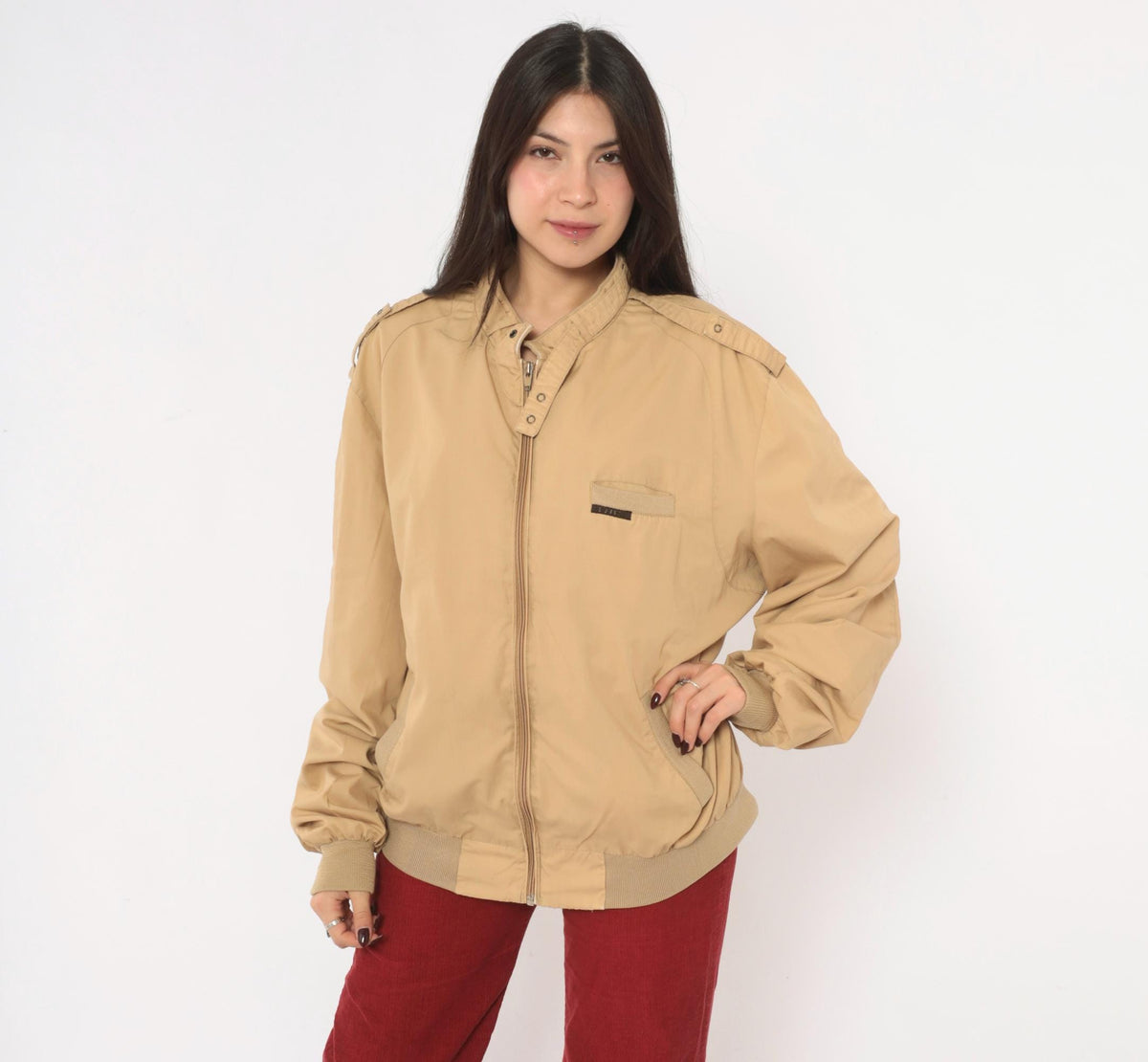 80s Members Only Bomber Jacket Beige Tan Snap Collar Raglan Extra Large