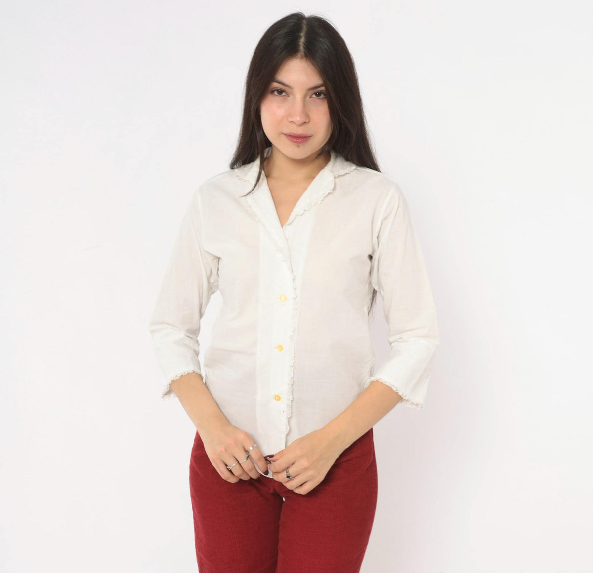 70s Lady Manhattan White Cotton Blouse Lace Trim V Neck Three Quarter Sleeve Extra Small
