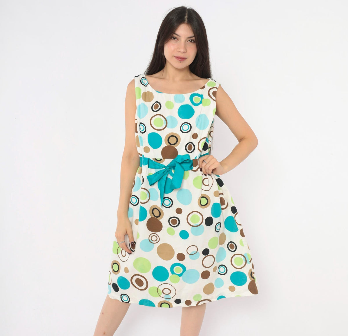 90s Jessica Howard White Polka Dot Sundress Teal Green Brown Knee-Length Large L