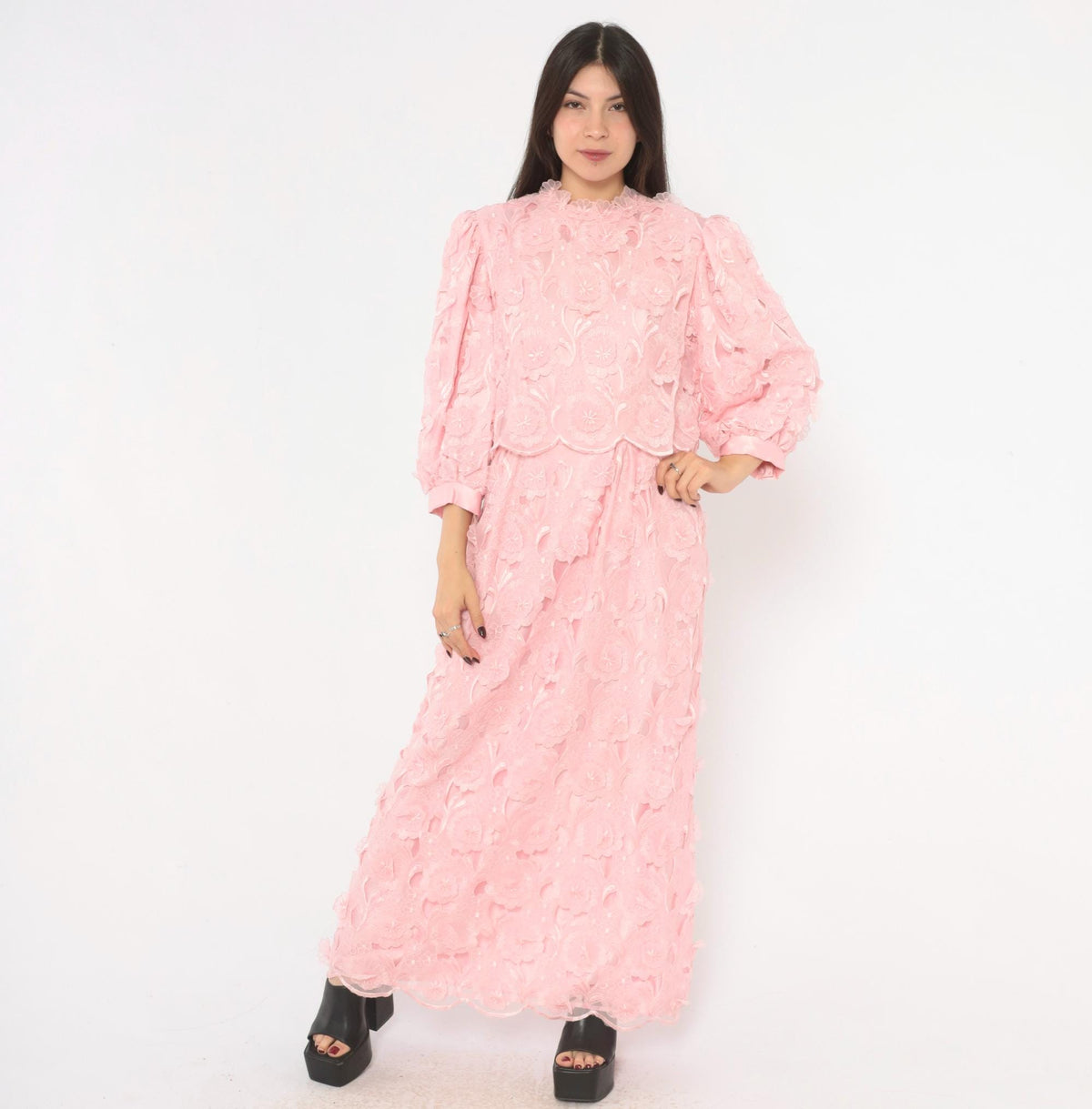 80s Bernadette Designs Pink Maxi Dress Floral Embroidered Puff Sleeve Large L