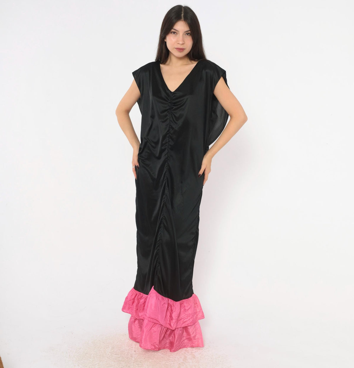 80s Black Satin Maxi Dress Fuchsia Ruffle Cowl Open Back Evening Gown Extra Large