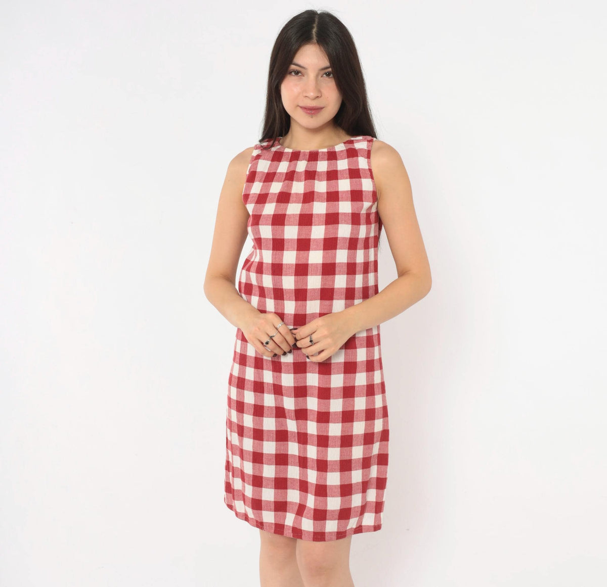 Y2K Red Gingham Sleeveless A-Line Dress Knee Length Medium M