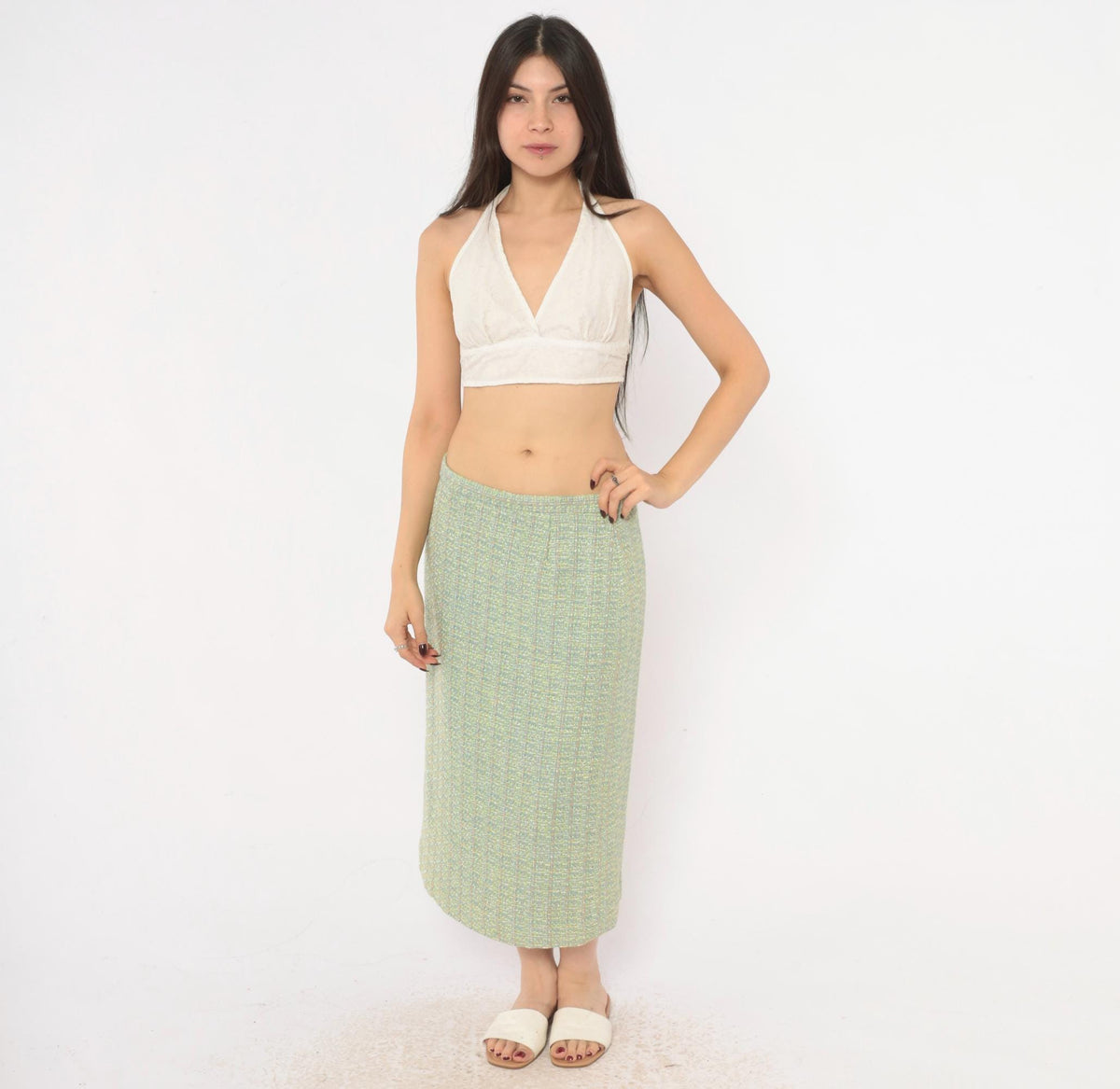 Y2K Green Tweed Midi Skirt Henry Lee Boucle High Waist Pencil Medium M
