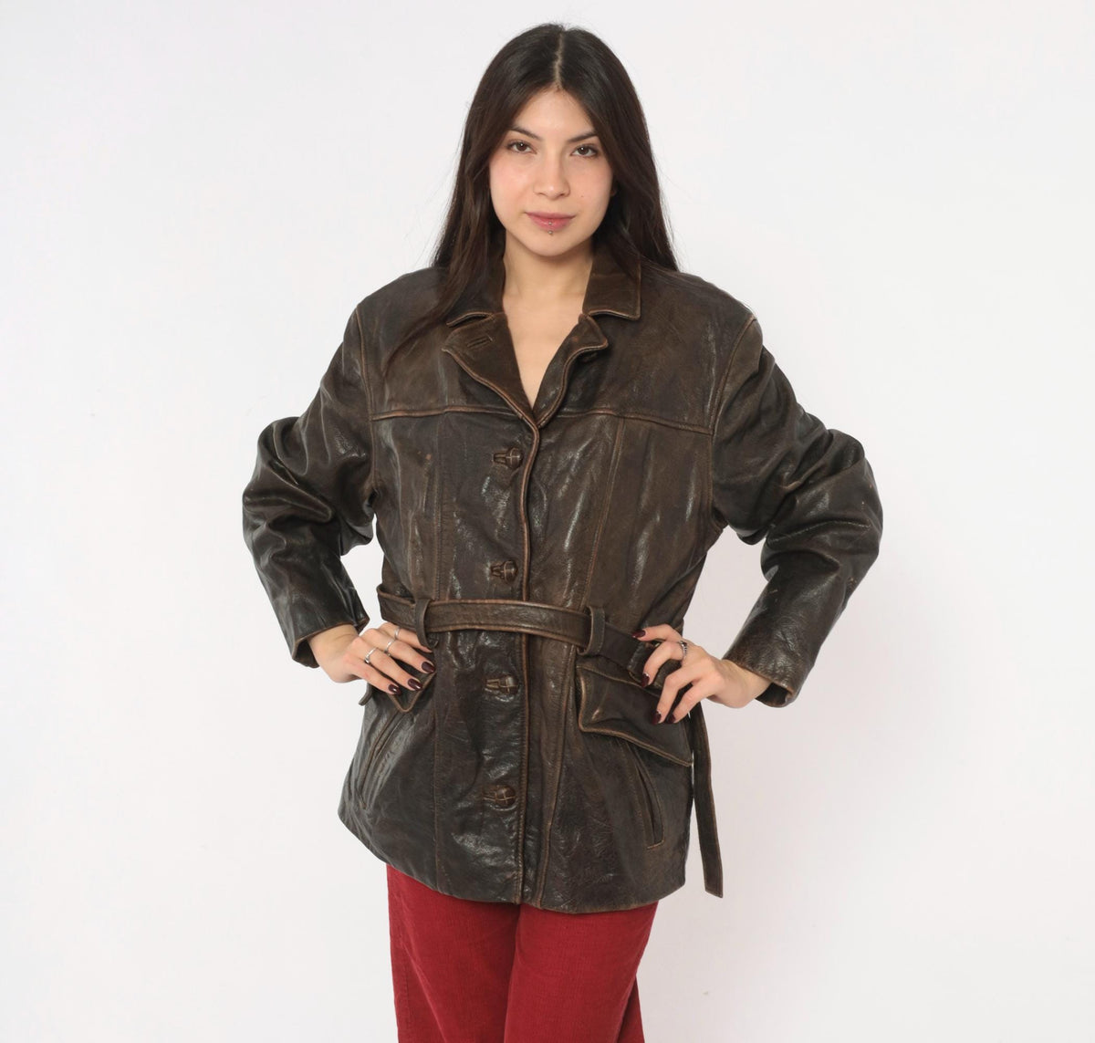 90s Oakwood Brown Leather Jacket Belted Waist Button Front Moto Large