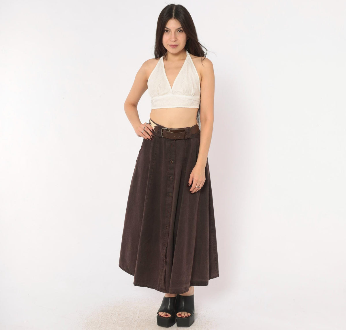 80s Burgundy Cotton Skirt Button Front A-Line High Waist Pockets Small S