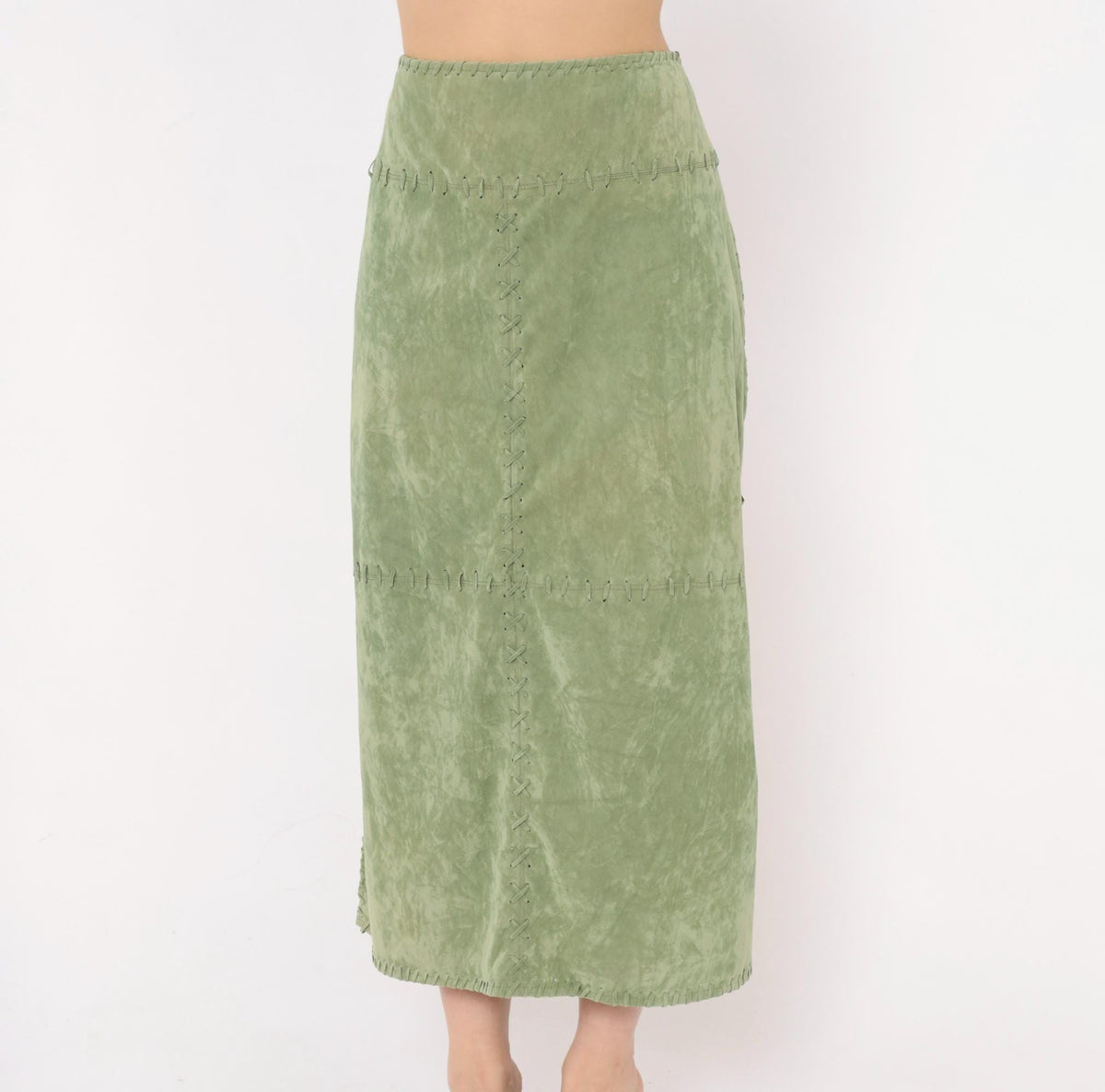 Y2K Mint Green Faux Suede Skirt Canyon Road Whipstitch Knee Length Extra Large