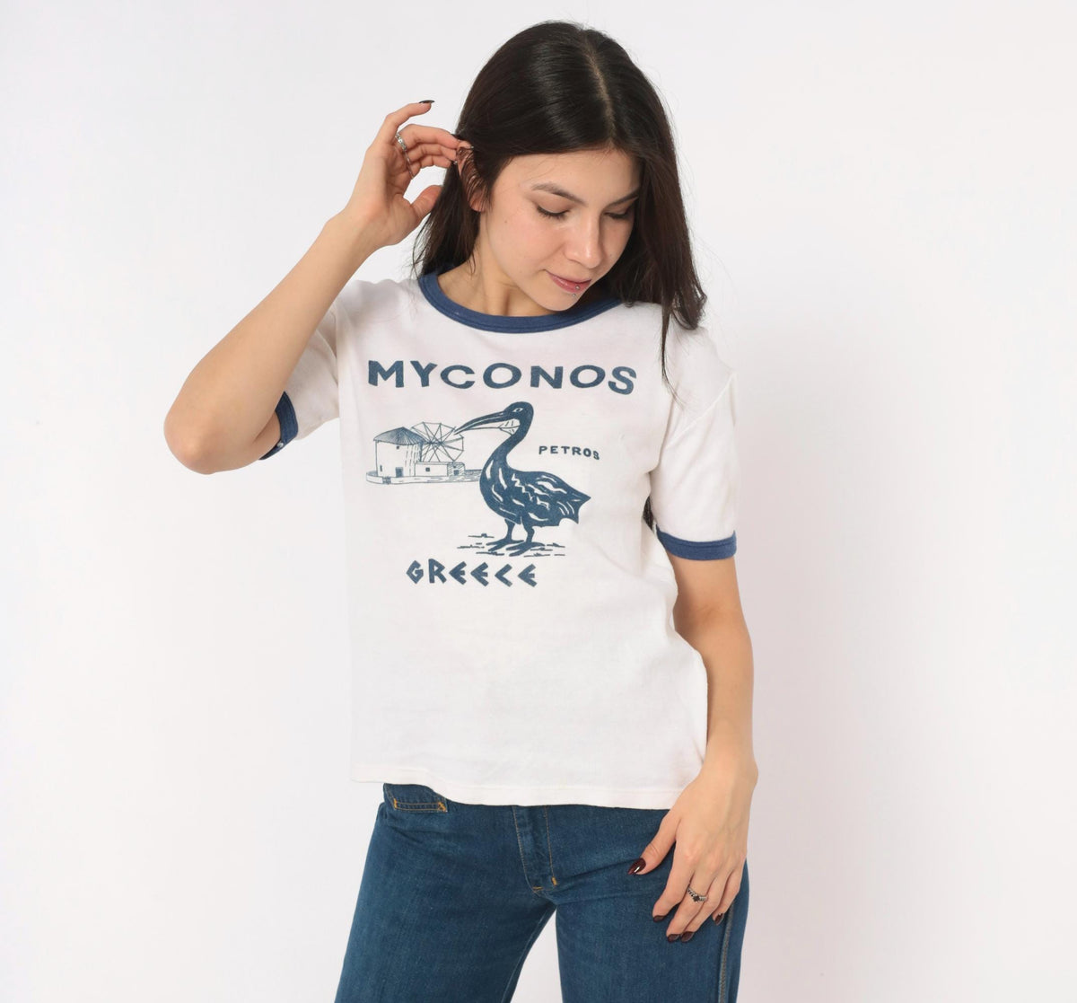 80s Mykonos Greece Ringer Tee White Navy Pelican Windmill Cotton Medium