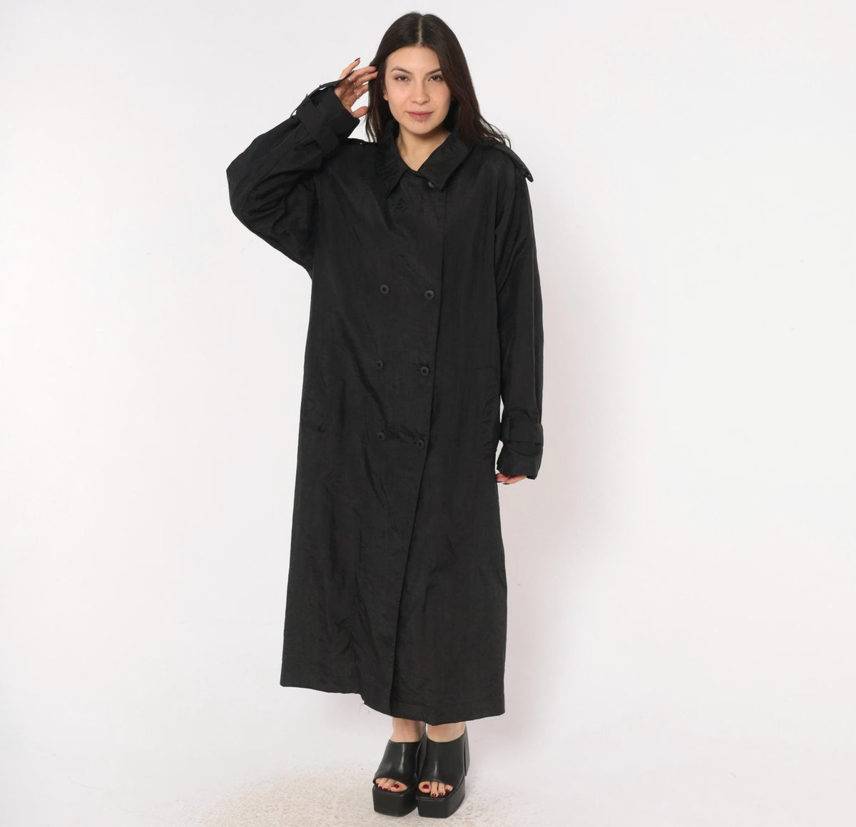 90s Jennifer Chase Black Trench Coat Double Breasted Collared Duster Extra Large XL