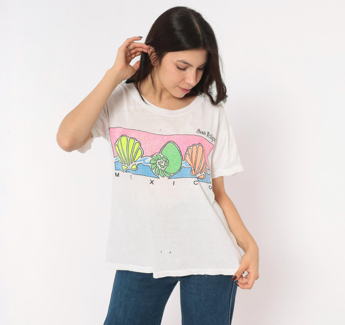 90s San Felipe Mexico Souvenir Tee White Cotton Neon Shell Graphic Medium