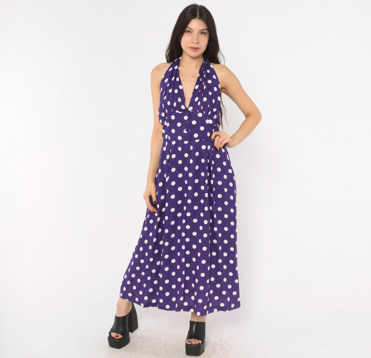 Y2K Purple White Polka Dot Halter Midi Dress Backless Rayon Large