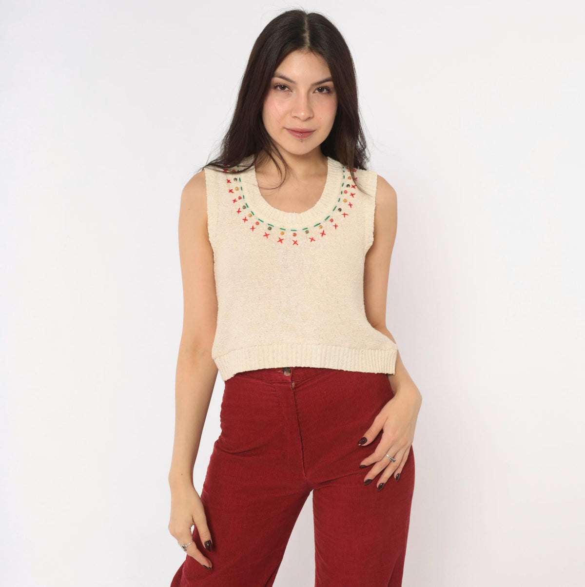 70s Cream Cotton Knit Vest Cross Stitch Embroidered Beaded Neckline Small