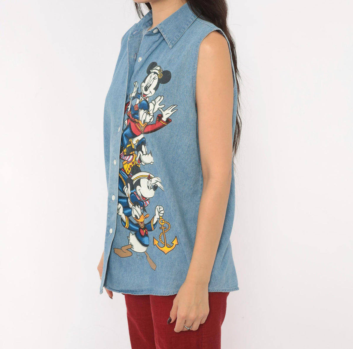 90s Mickey Unlimited Disney Denim Sleeveless Shirt Blue Chambray Medium M