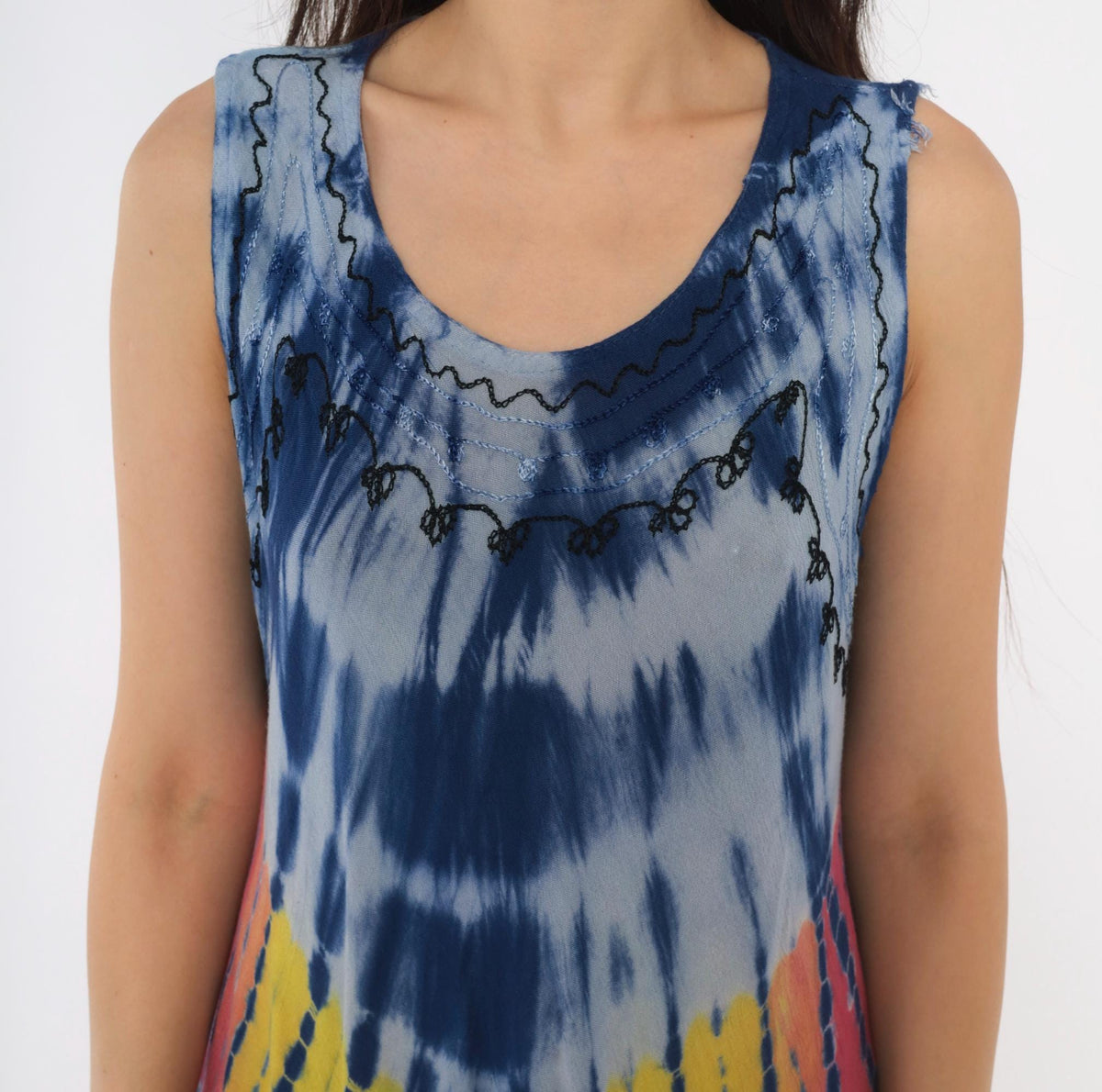 Y2K Tie Dye Sun Dress Blue Rayon Scoop Neck Trapeze Knee Length Small