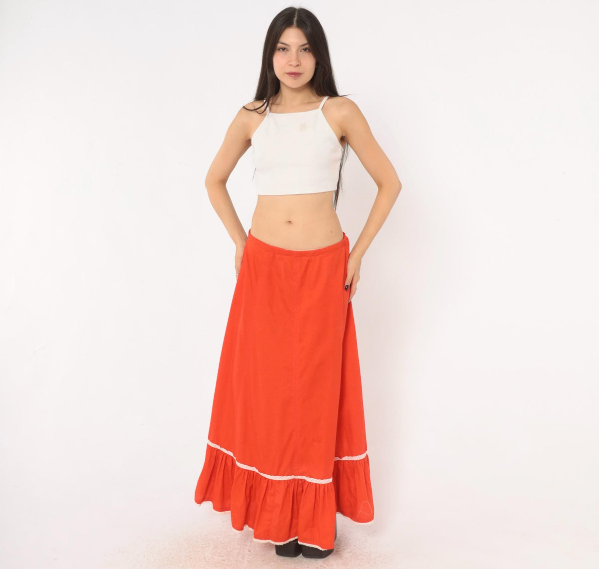 70s Orange Prairie Skirt Tiered Ruffle Eyelet Lace Trim Ankle Length Large