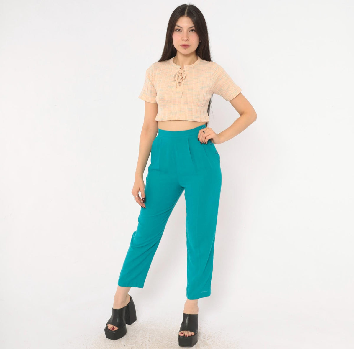 80s Teal Pleated High-Waist Tapered Trousers Prophecy Petites Extra Small
