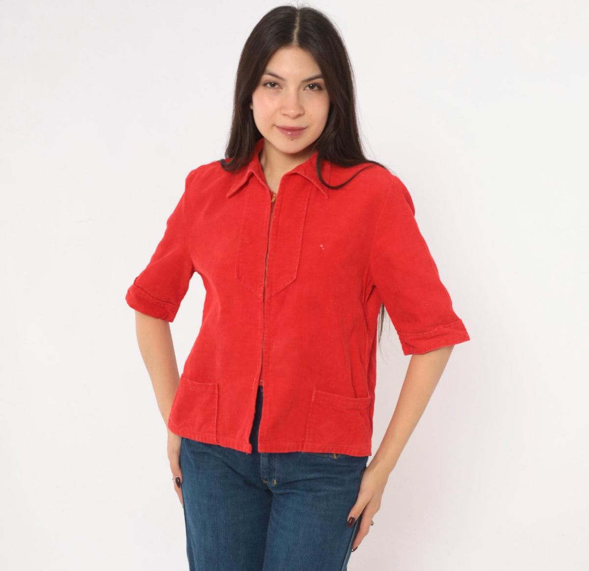 70s Red Corduroy Zip Shirt Pointed Collar Patch Pocket Cropped Blouse Small S