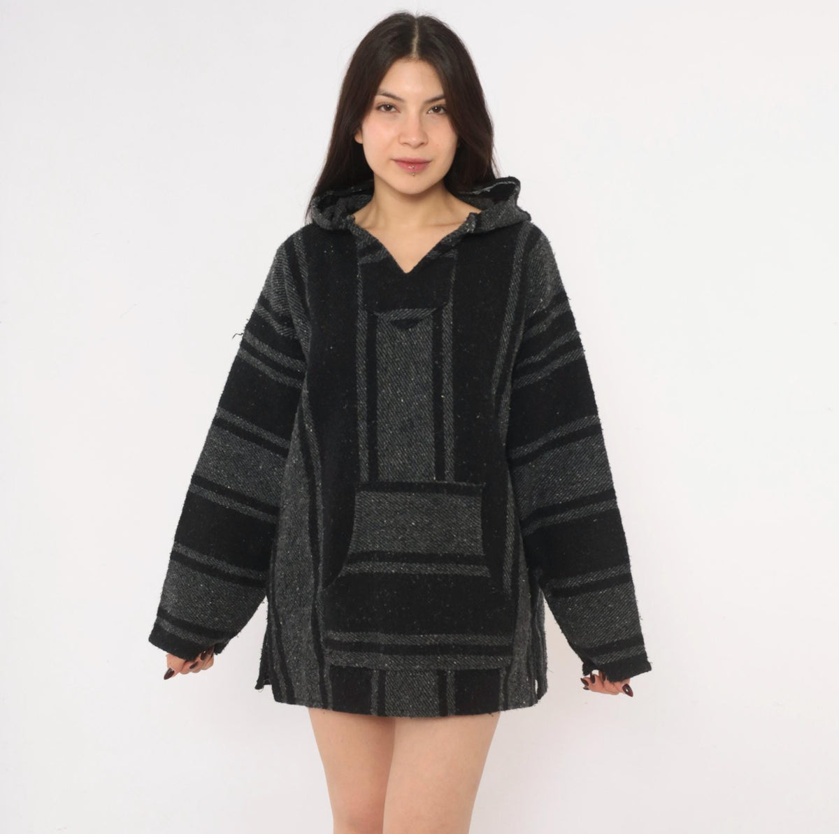 Y2K Peyote Baja Hoodie Black Grey Striped Woven Cotton Kangaroo Pocket Extra Large XL