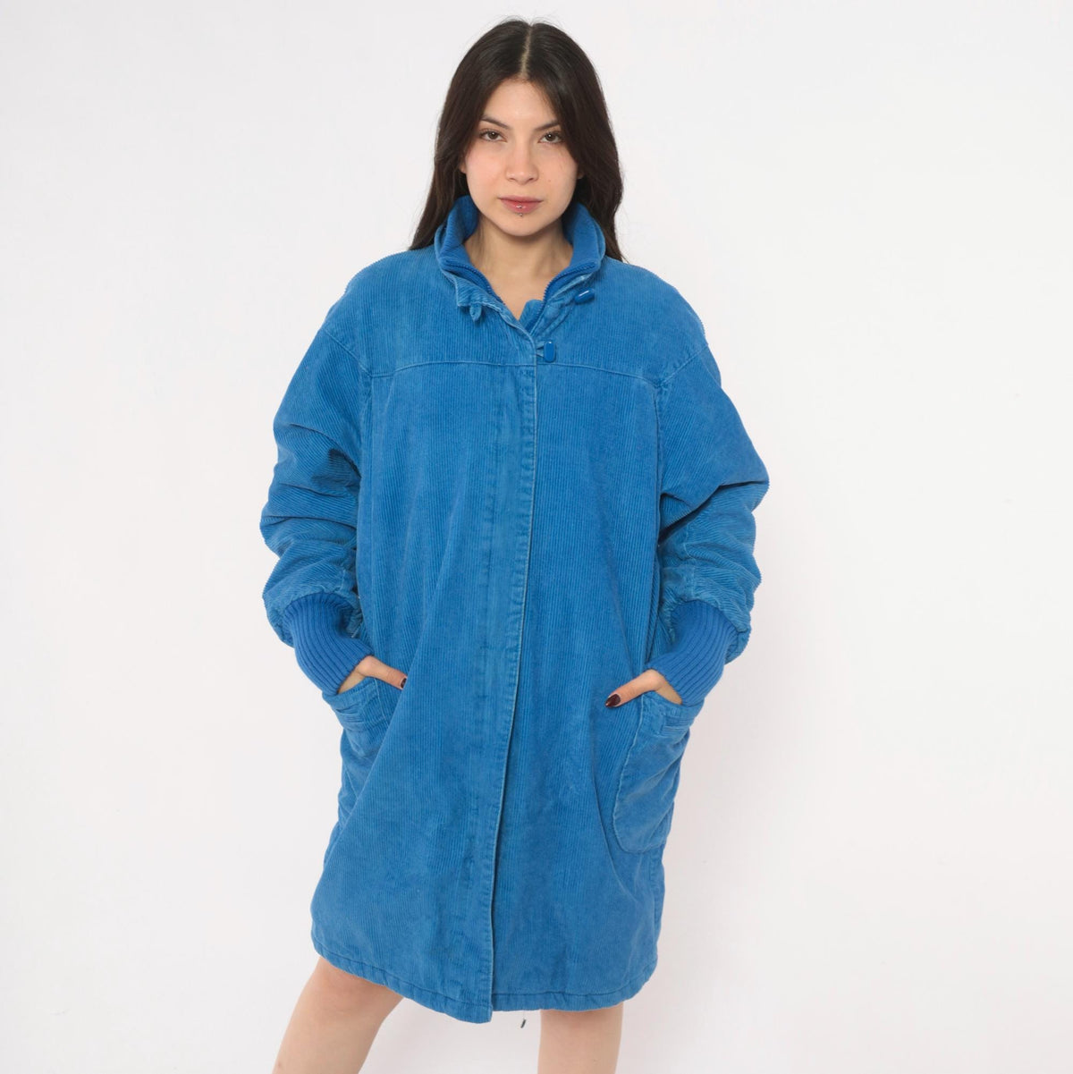 80s Windy Weather Corduroy Coat Blue Zip Front Stand Collar Large L