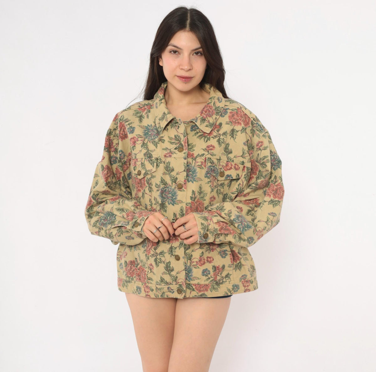 90s Woolrich Floral Denim Jacket Beige Cotton Canvas Pink Rose Print Extra Large XL