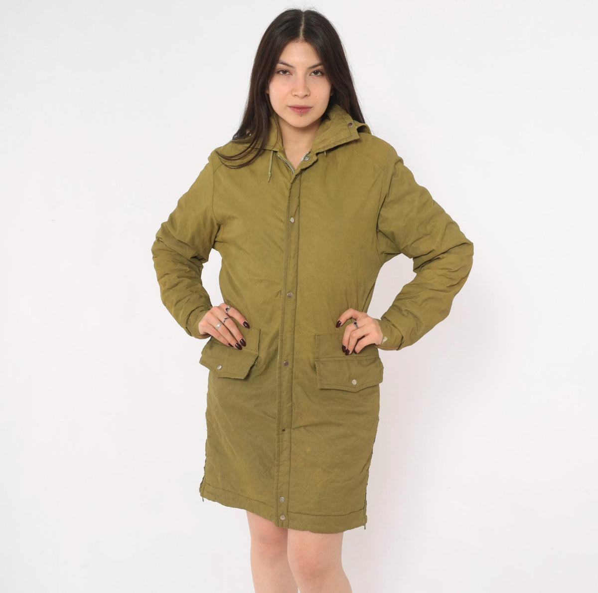 60s Olive Hooded Parka Jacket Nylon Military Field Coat Snap Zip Small