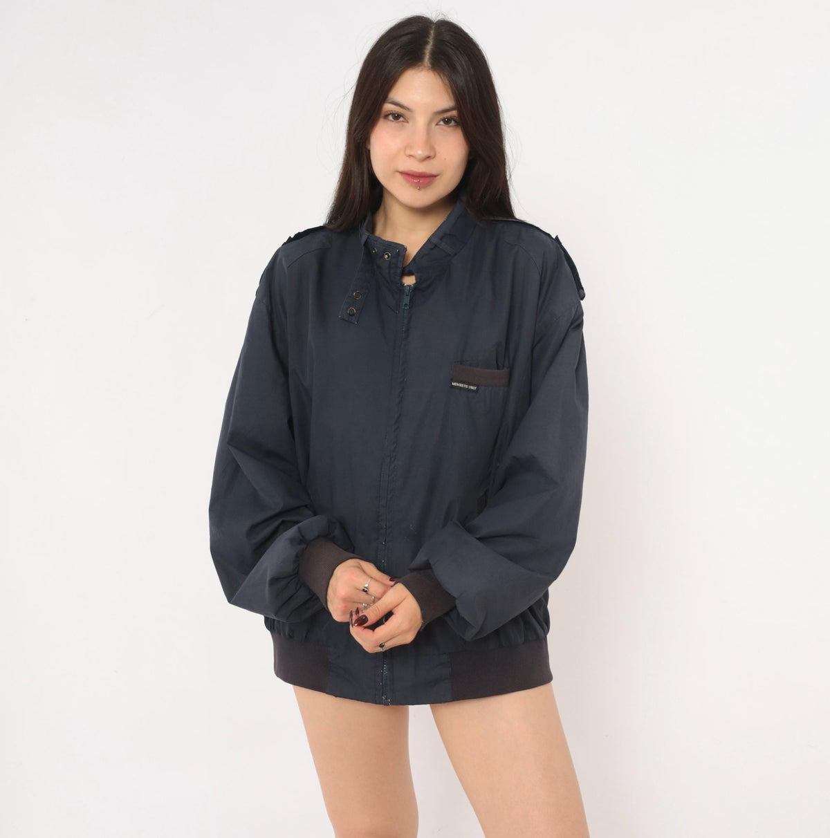 80s Members Only Bomber Jacket Navy Blue Zip Front Stand Collar Large L