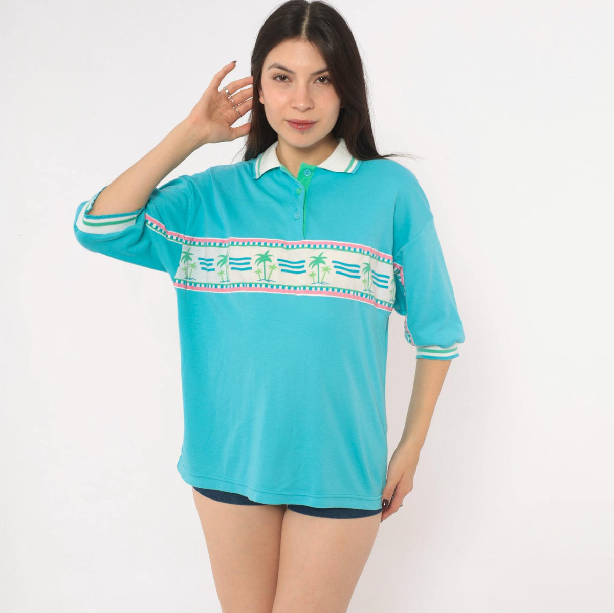 90s Pykettes Palm Tree Polo Shirt Turquoise Three Quarter Sleeve Medium