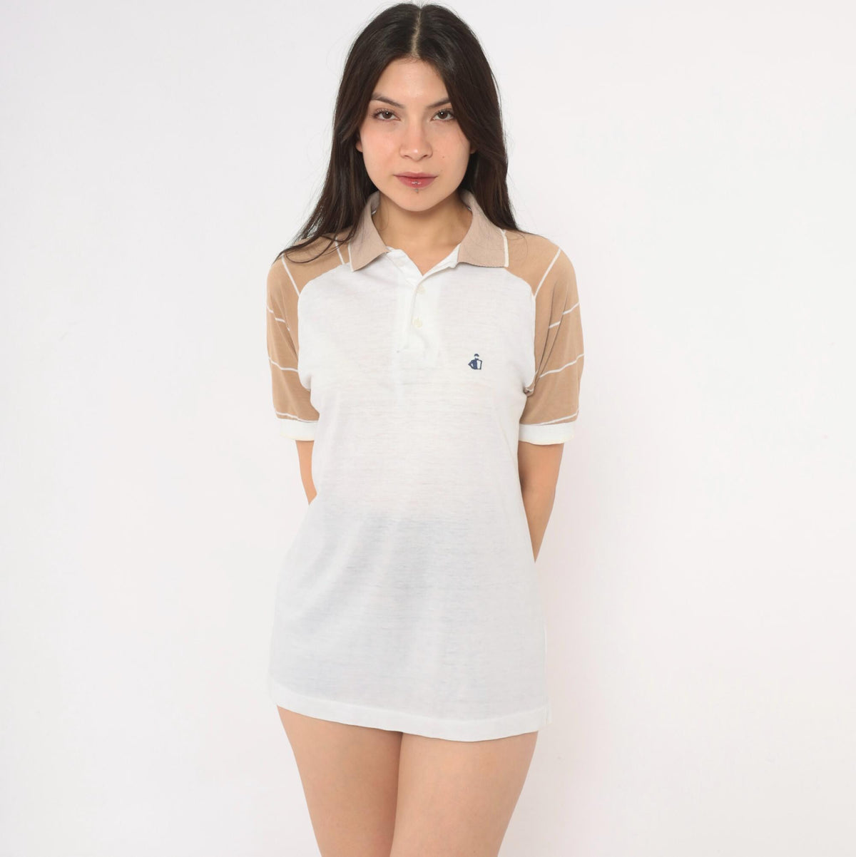80s Colorblock Polo Shirt Raglan Striped White Tan Knit Medium