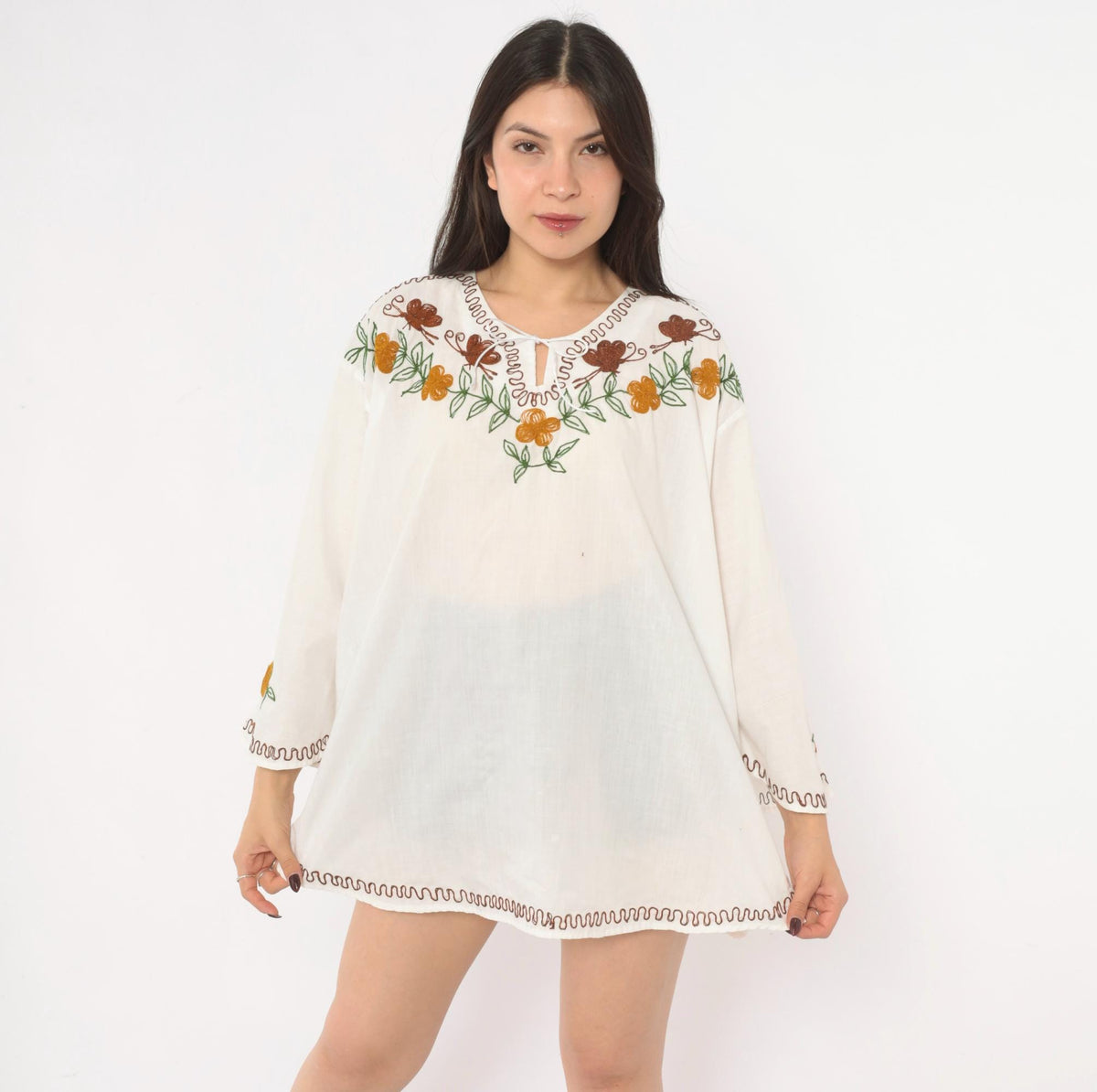 90s White Embroidered Bell Sleeve Tunic Blouse Brown Butterfly Keyhole Tie Neck Extra Large XL
