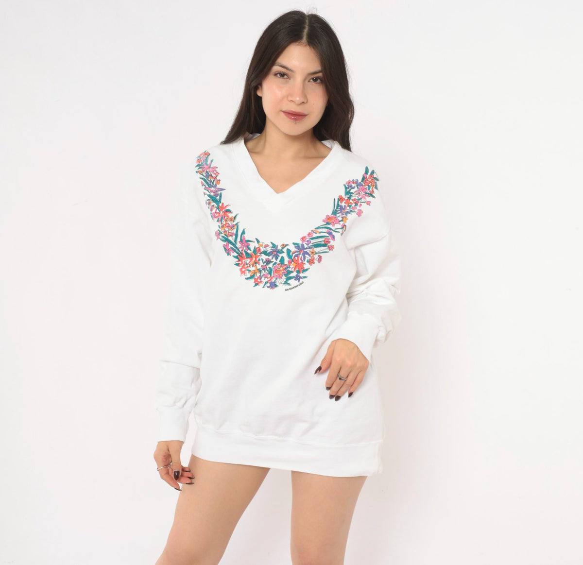 90s L.A. Sportswear Floral V-Neck Sweatshirt White Cotton Pullover Medium M