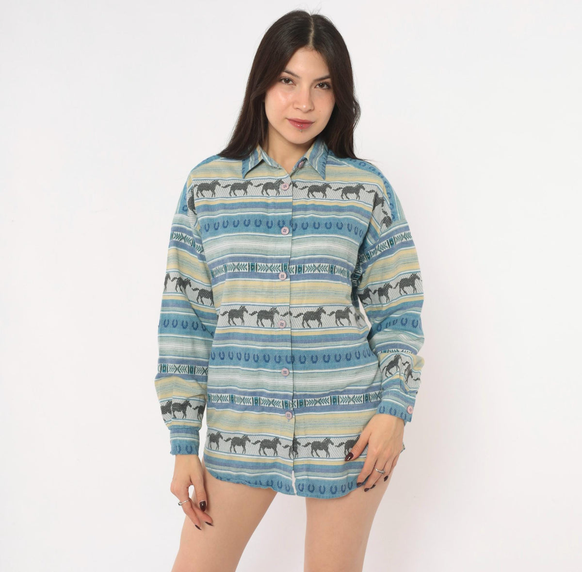 90s CM Company Horse Print Western Shirt Blue Cream Striped Cotton Small