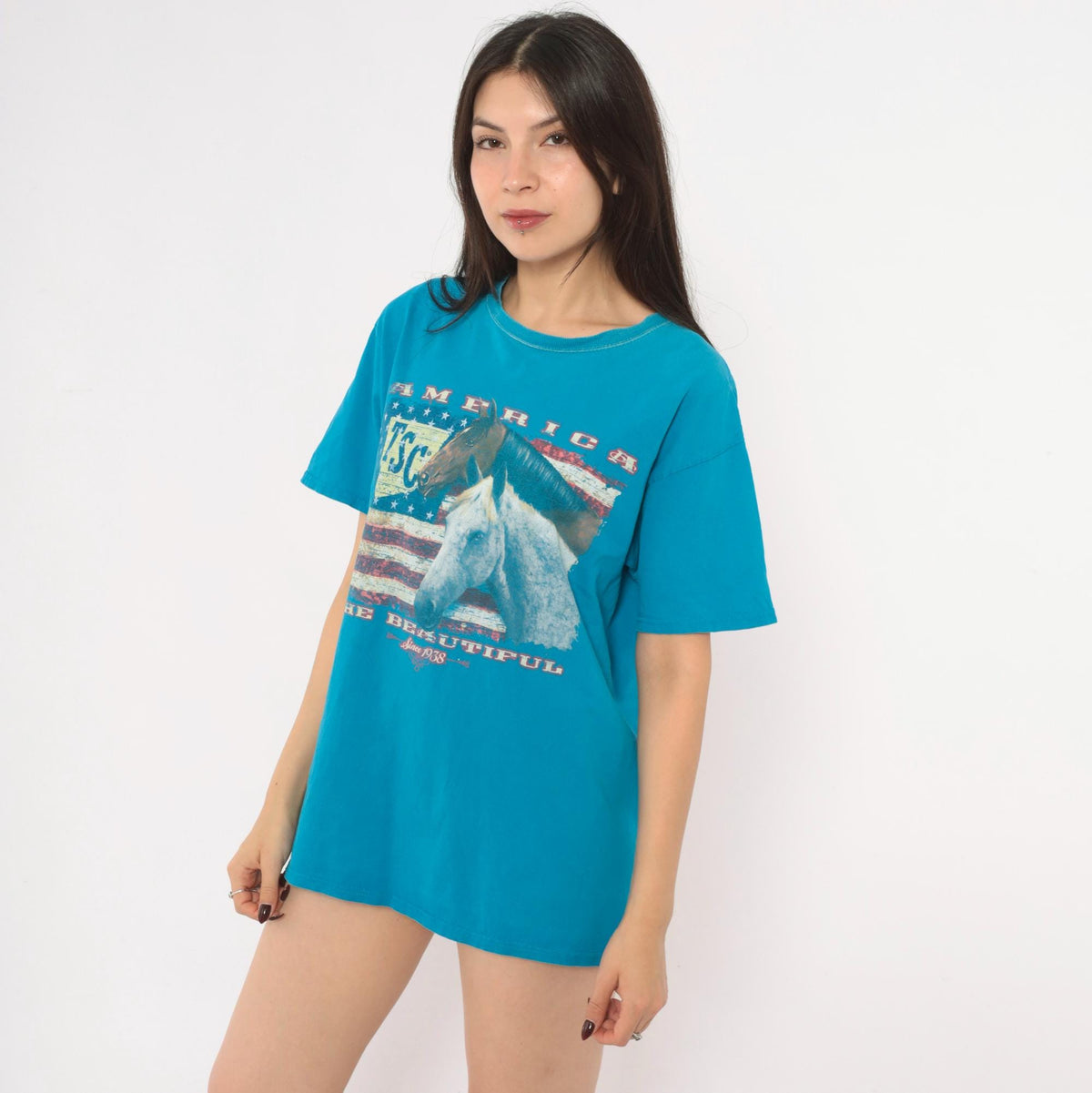 Y2K Horse Graphic Tee Teal Blue American Flag Western Cowgirl Medium M