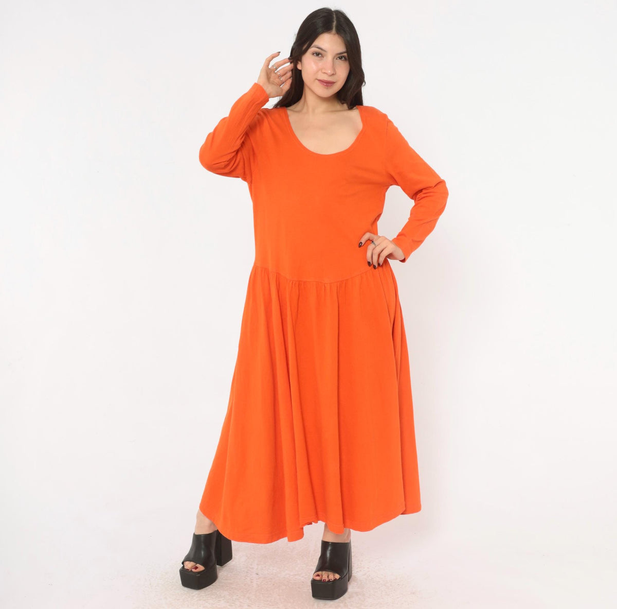 90s Oakbrook Sport Orange Cotton Dress Drop Waist Long Sleeve Medium