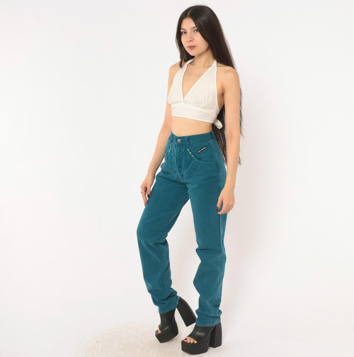 90s Rocky Mountain Teal Denim High Waist Mom Jeans Tapered Straight Leg Extra Small XS