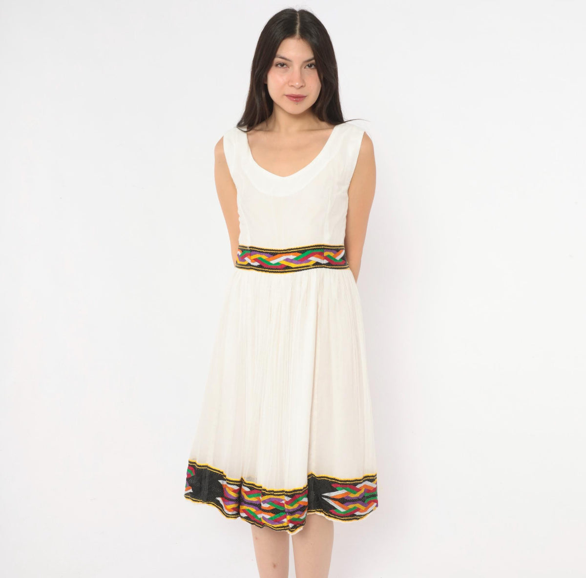 90s White Gauze Knee-Length Dress Ethiopian Habesha Embroidered Tibeb Multicolor Medium