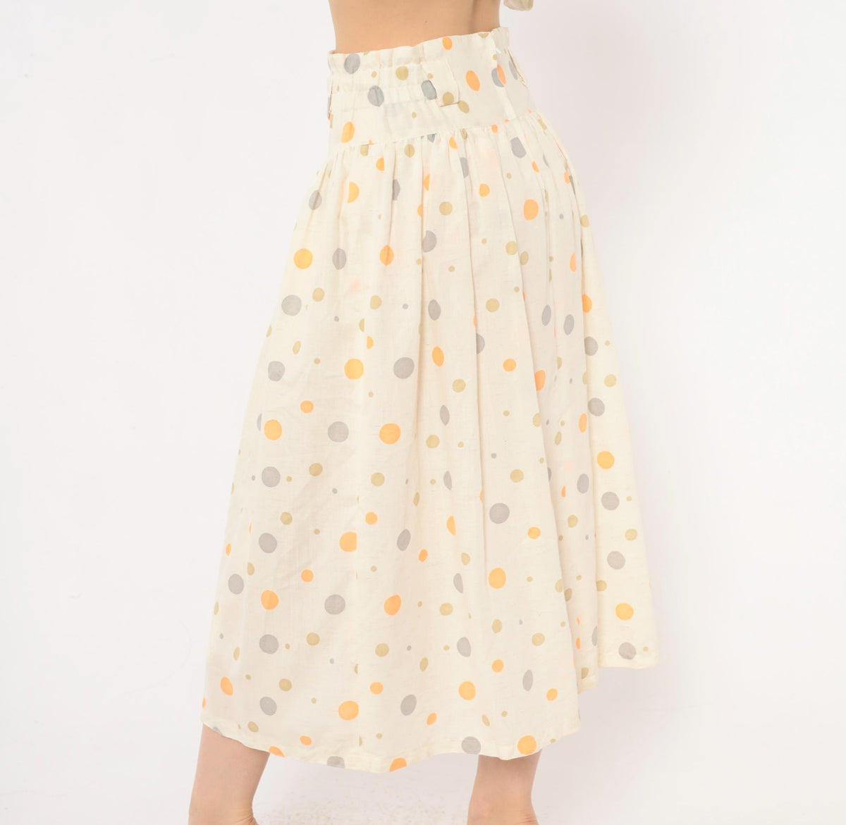 90s Polka Dot Midi Skirt Cream Orange Gray Cotton Gathered High Waist Medium