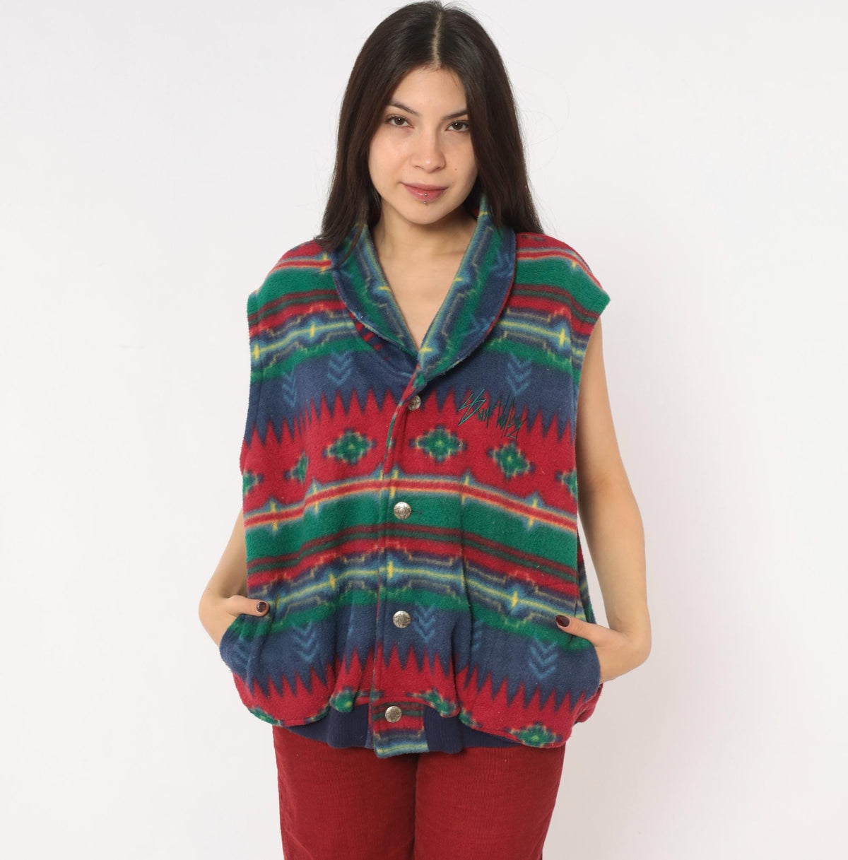 90s Emi Southwestern Fleece Vest Red Blue Geometric Shawl Collar Large L