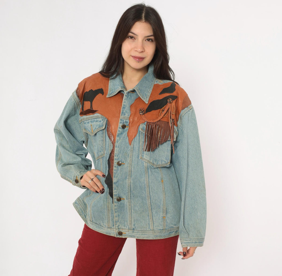 90s Petra C. Wall Denim Jacket Western Leather Cowboy Horse Patchwork Light Blue Medium M
