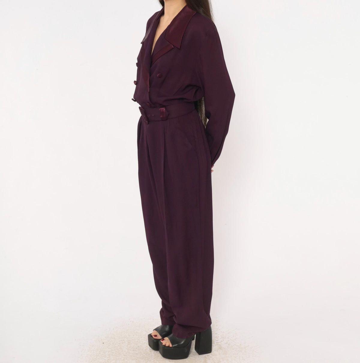 80s Studio I Plum Jumpsuit Double Breasted Satin Collar Belted Small