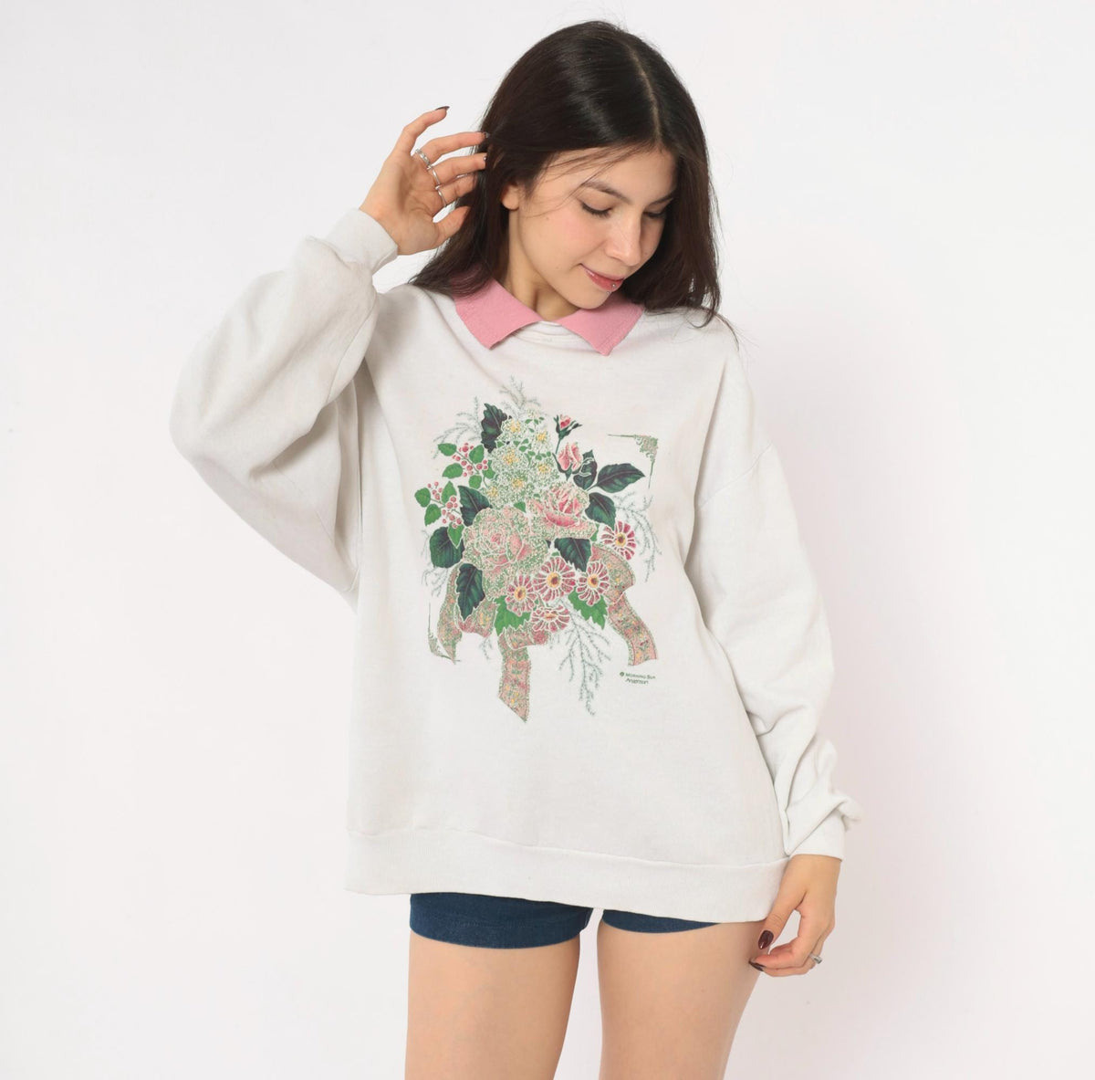 90s Morning Sun Floral Sweatshirt Pink Roses Off White Raglan Large L