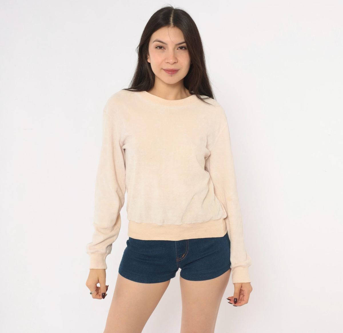 80s St Martine Velour Sweatshirt Cream Blush Pink Ribbed Crew Pullover Medium