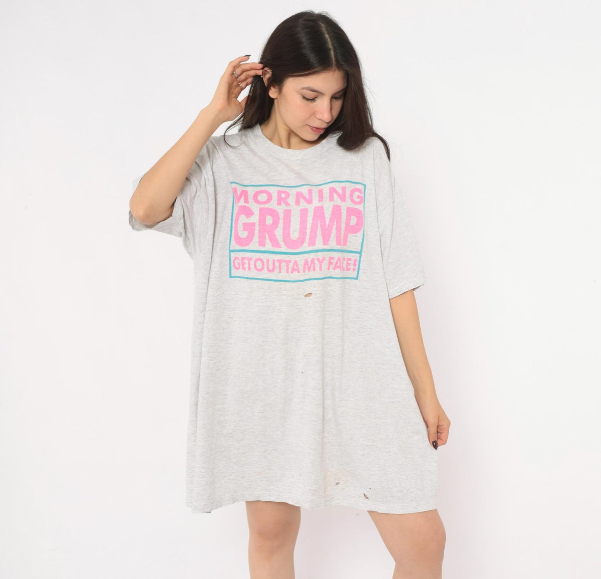 90s Cigli Slogan T-Shirt Dress Grey Heather Cotton Pink Teal Print Small