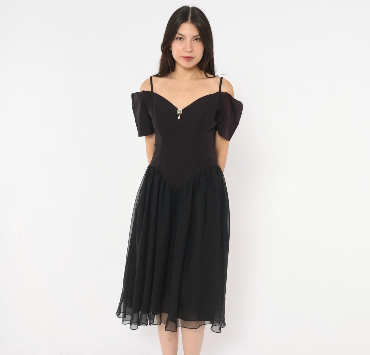 90s Nite Scarlett Black Midi Dress Sweetheart Neckline Puff Sleeve Small