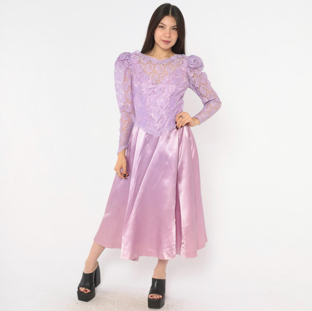80s Lavender Lace Midi Dress Puff Sleeve Satin Purple V Neck Small