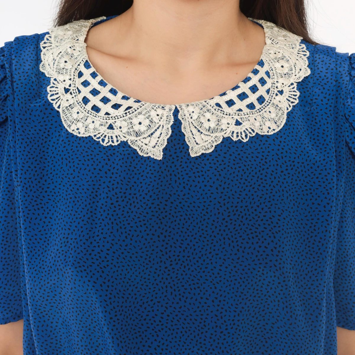 80s Stuart Alan Cobalt Midi Dress Lace Collar Puff Sleeve Dot Print Medium